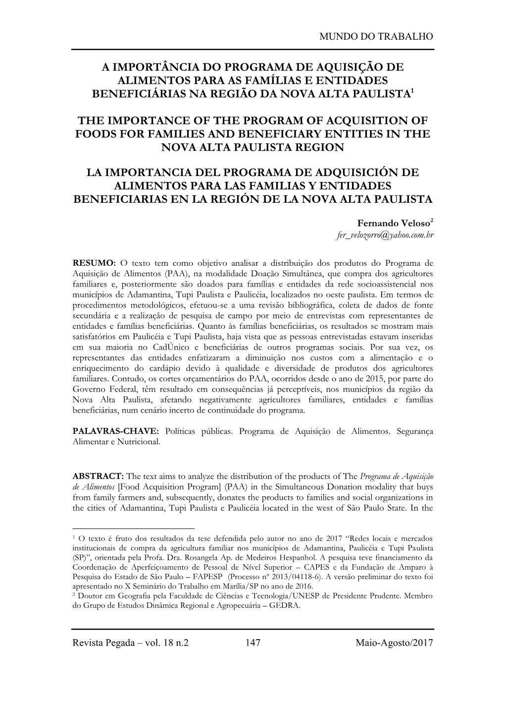 A Importância Do Programa De Aquisição De Alimentos Para As Famílias E Entidades Beneficiárias Na Região Da Nova Alta Paulista1