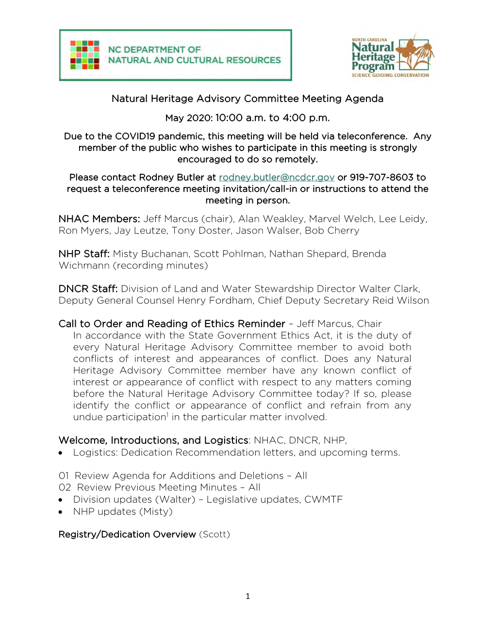 Natural Heritage Advisory Committee Meeting Agenda May 2020: 10:00