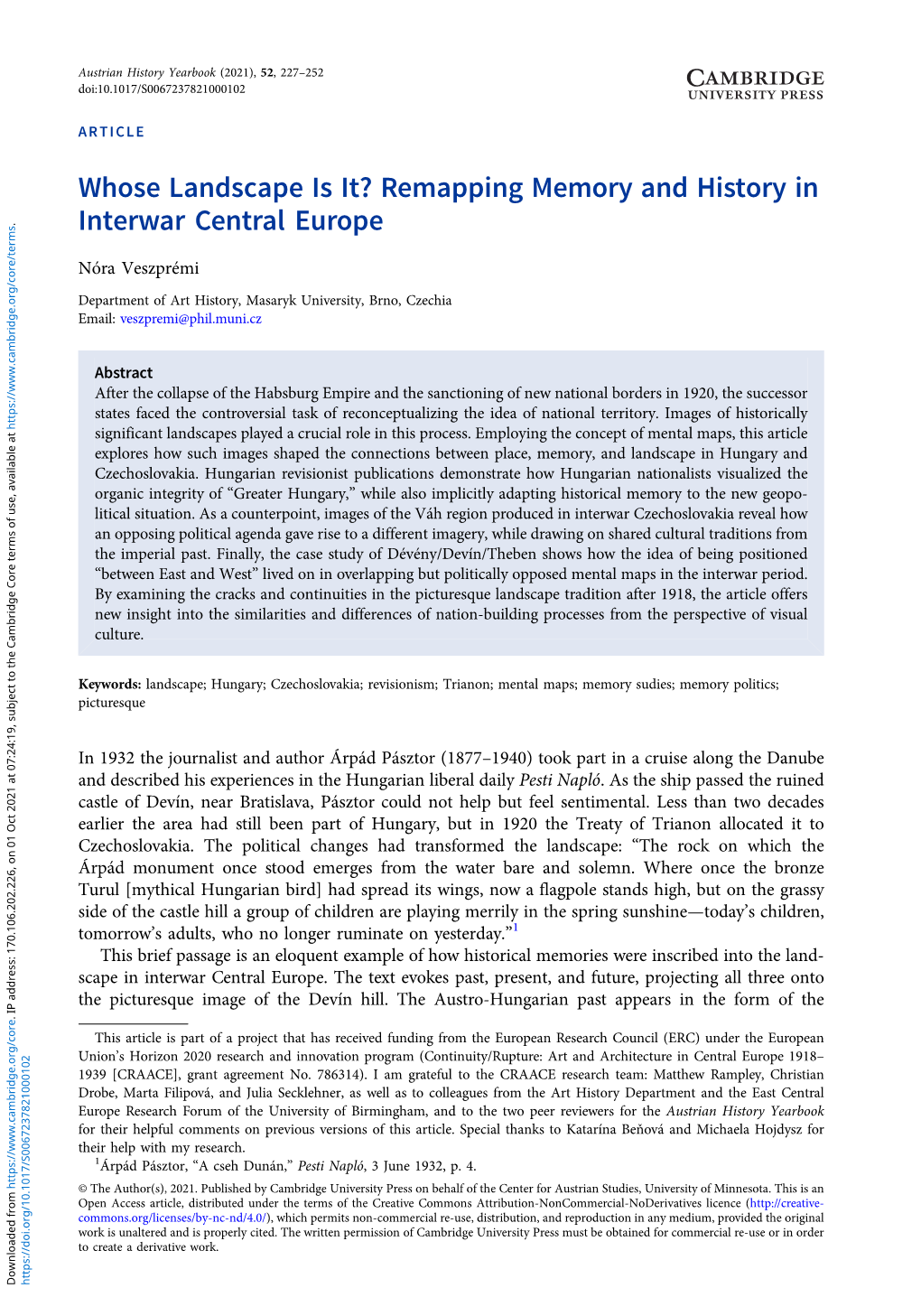 Whose Landscape Is It? Remapping Memory and History in Interwar Central Europe