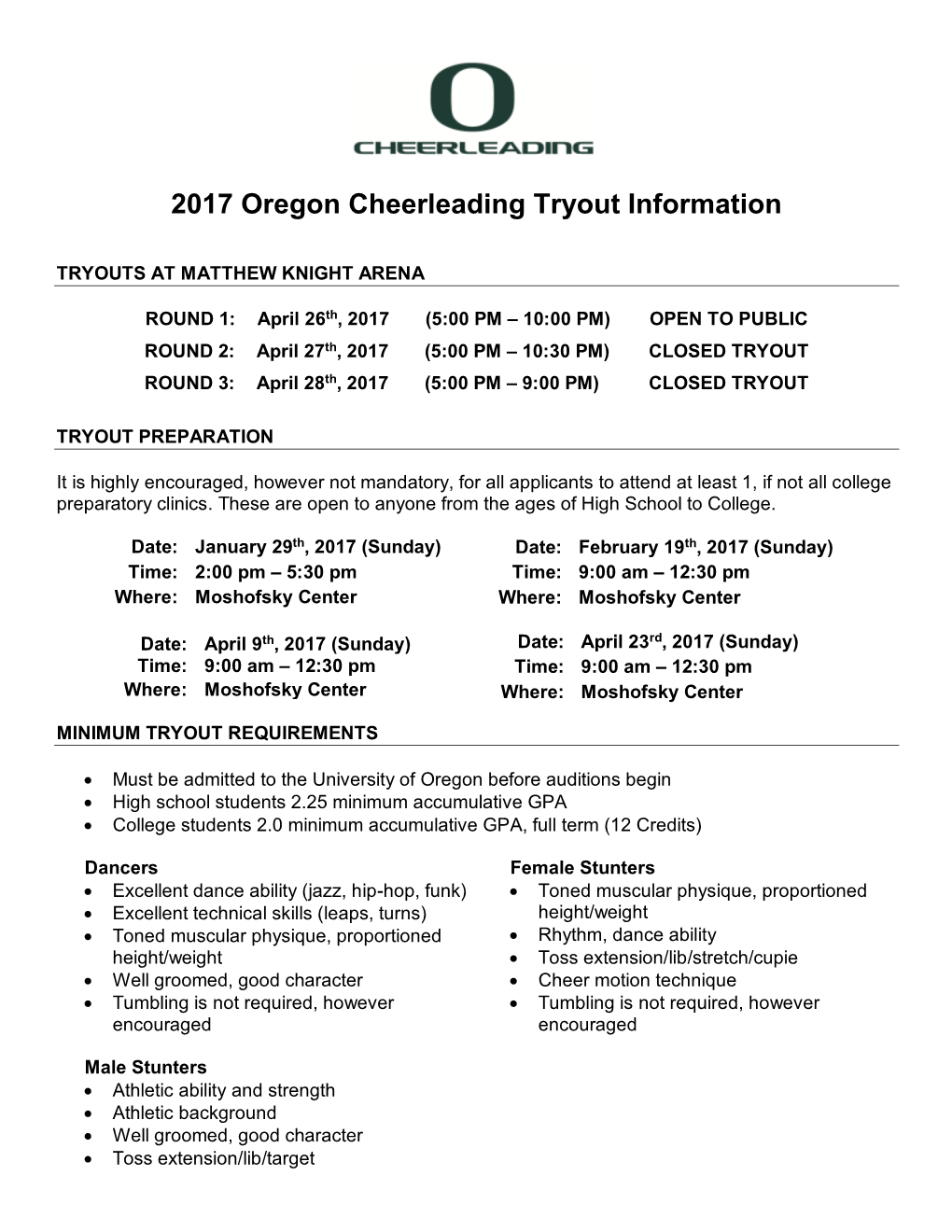 2017 Oregon Cheerleading Tryout Information