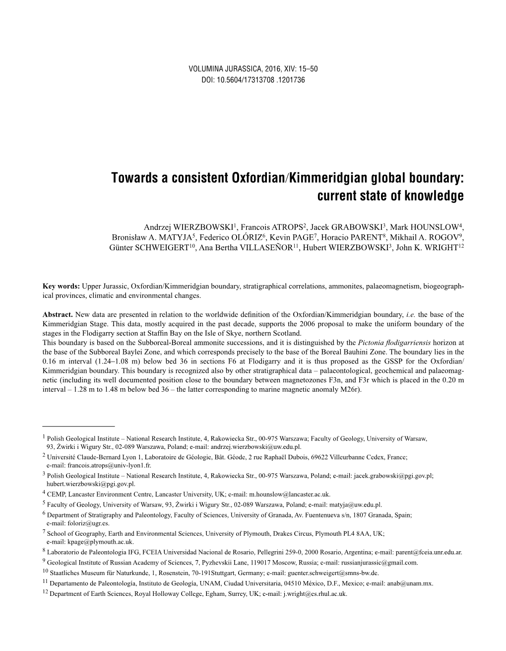 Towards a Consistent Oxfordian/Kimmeridgian Global Boundary: Current State of Knowledge