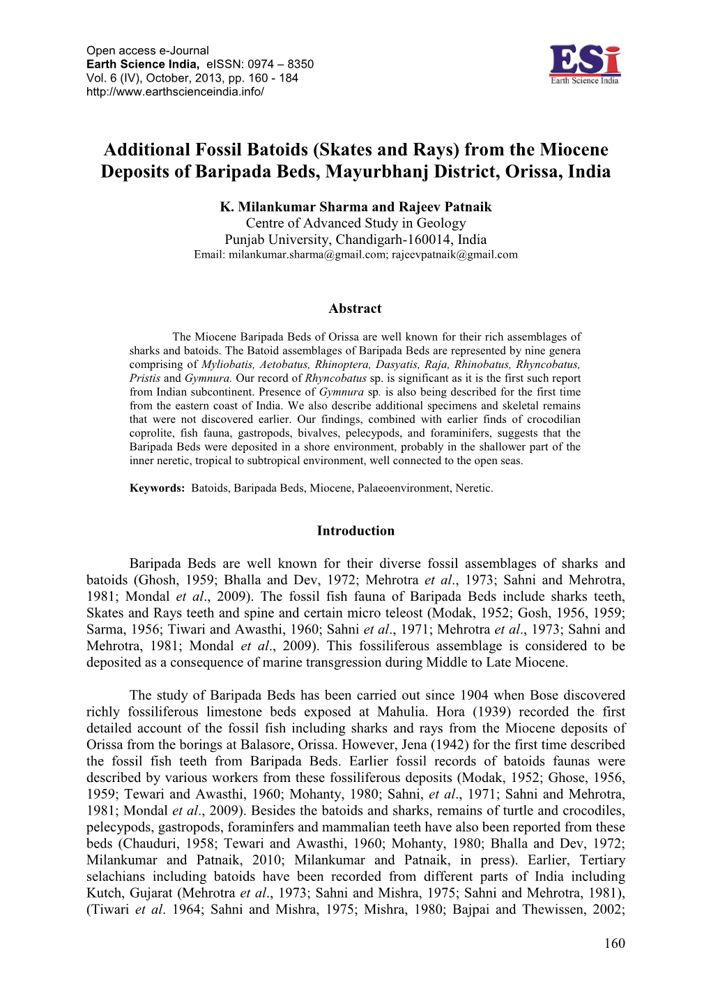 Additional Fossil Batoids (Skates and Rays) from the Miocene Deposits of Baripada Beds, Mayurbhanj District, Orissa, India