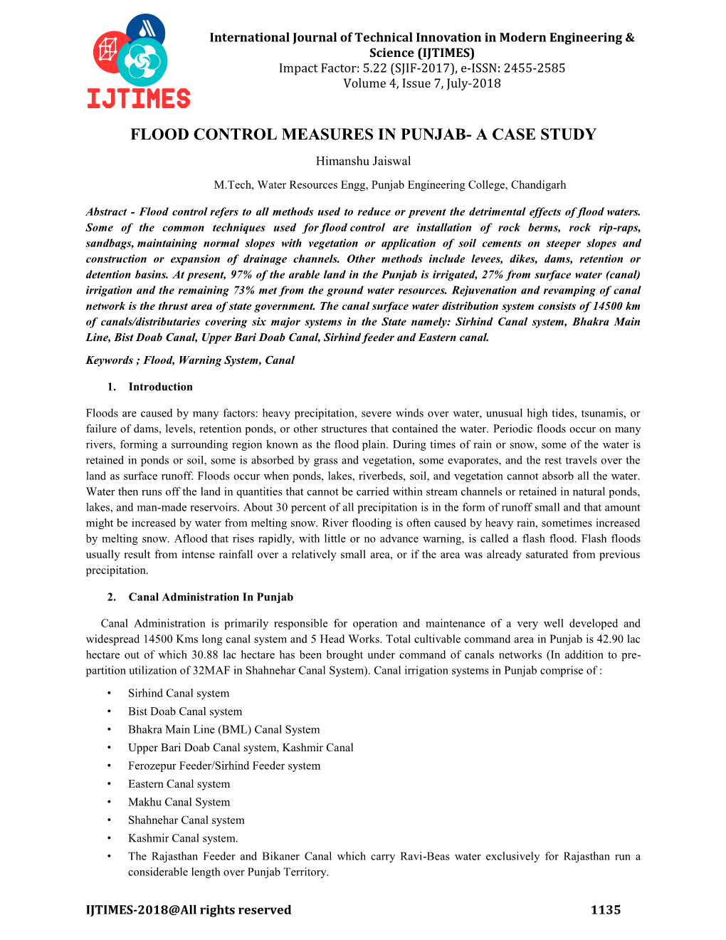 FLOOD CONTROL MEASURES in PUNJAB- a CASE STUDY Himanshu Jaiswal M.Tech, Water Resources Engg, Punjab Engineering College, Chandigarh
