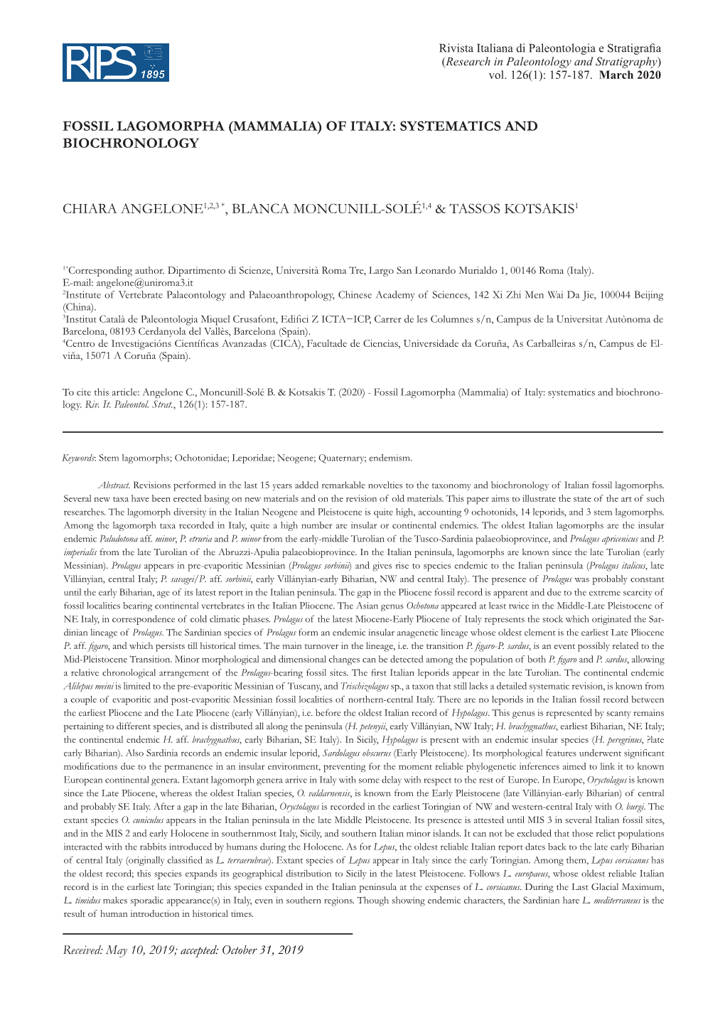 Fossil Lagomorpha (Mammalia) of Italy: Systematics and Biochronology