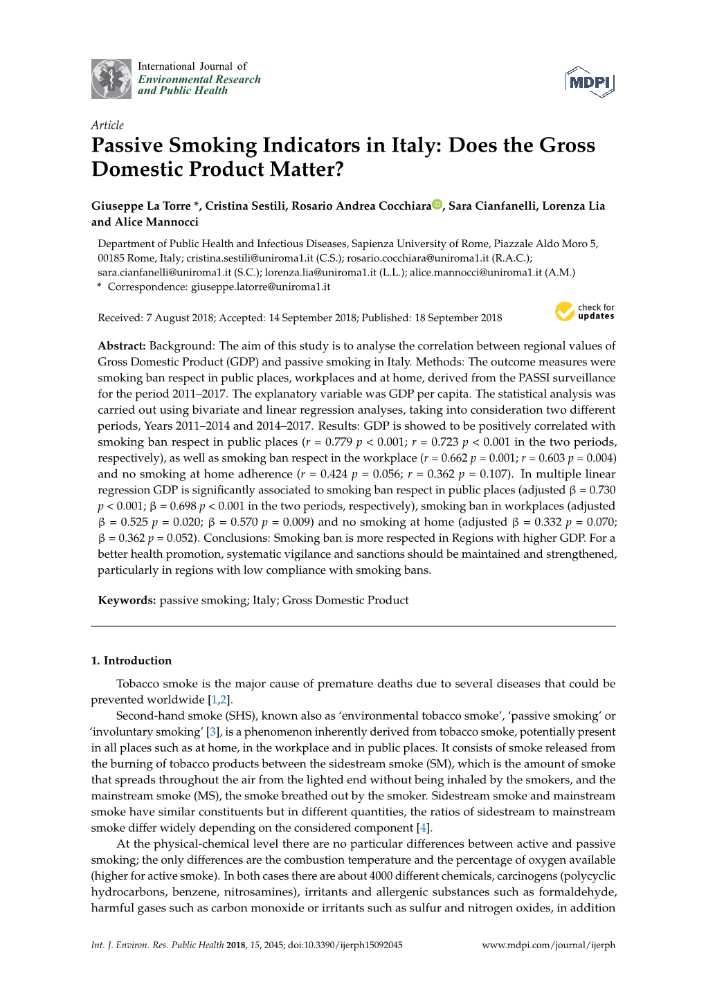 Passive Smoking Indicators in Italy: Does the Gross Domestic Product Matter?