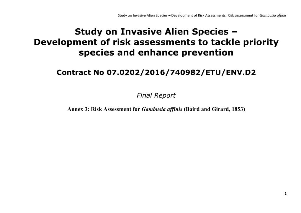 Study on Invasive Alien Species – Development of Risk Assessments: Risk Assessment for Gambusia Affinis