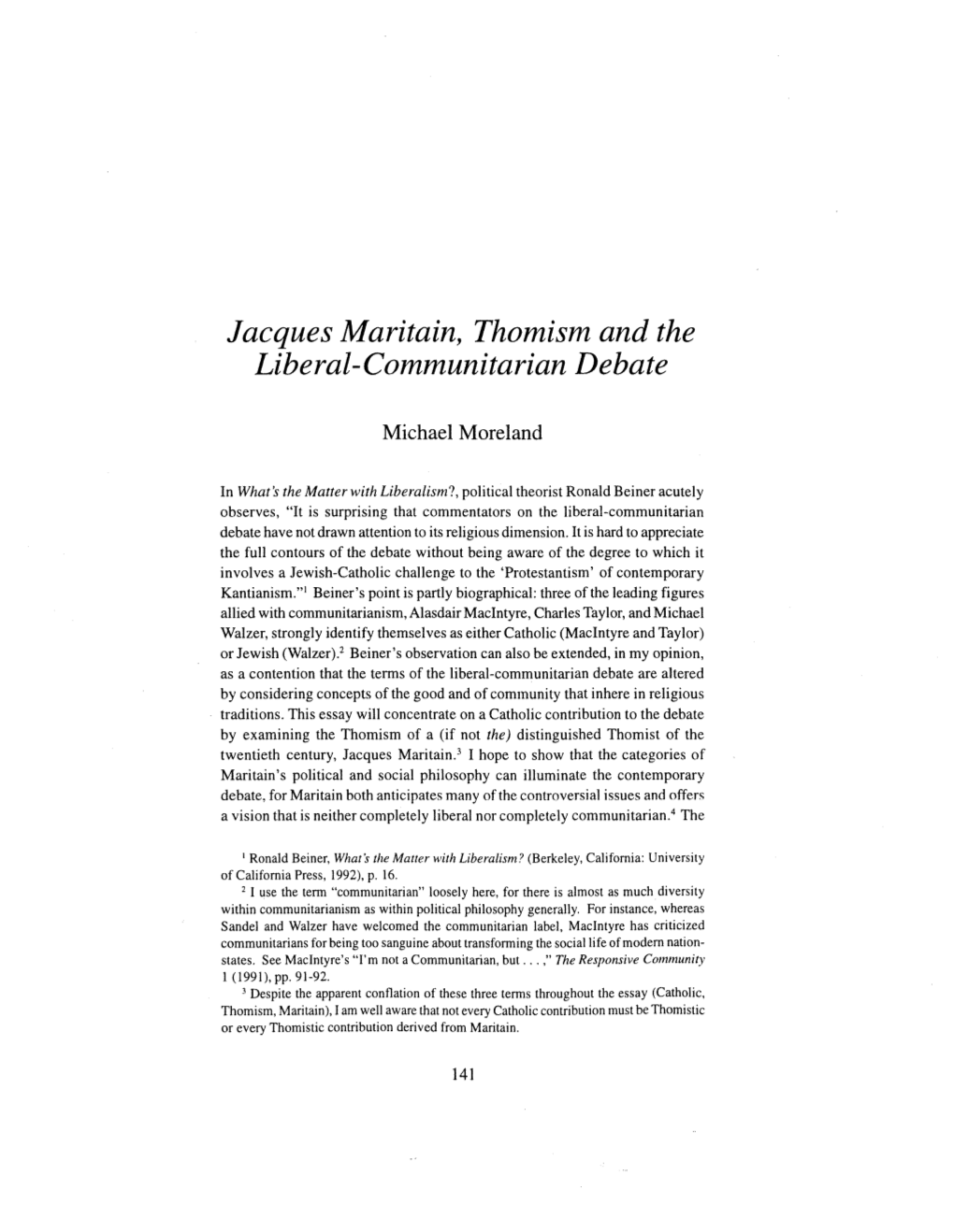 Jacques Maritain, Thomism and the Liberal-Communitarian Debate