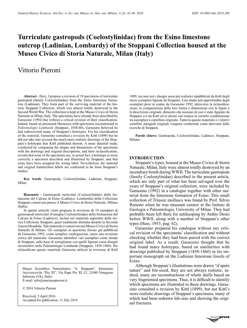 Turriculate Gastropods (Coelostylinidae) from the Esino Limestone Outcrop