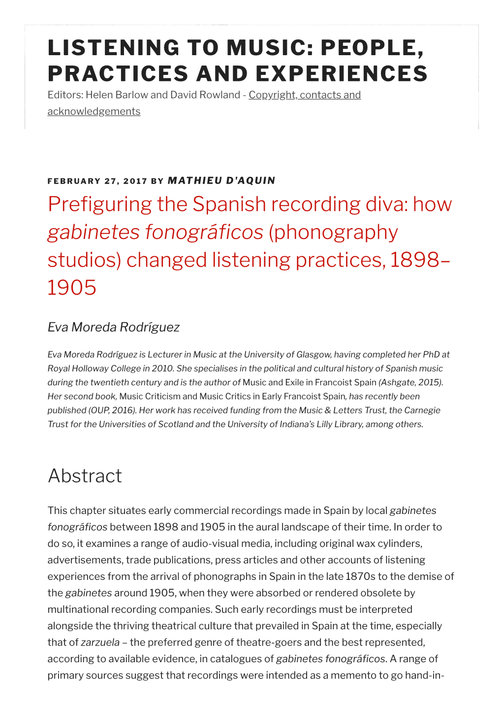 LISTENING to MUSIC: PEOPLE, PRACTICES and EXPERIENCES Editors: Helen Barlow and David Rowland - Copyright, Contacts and Acknowledgements