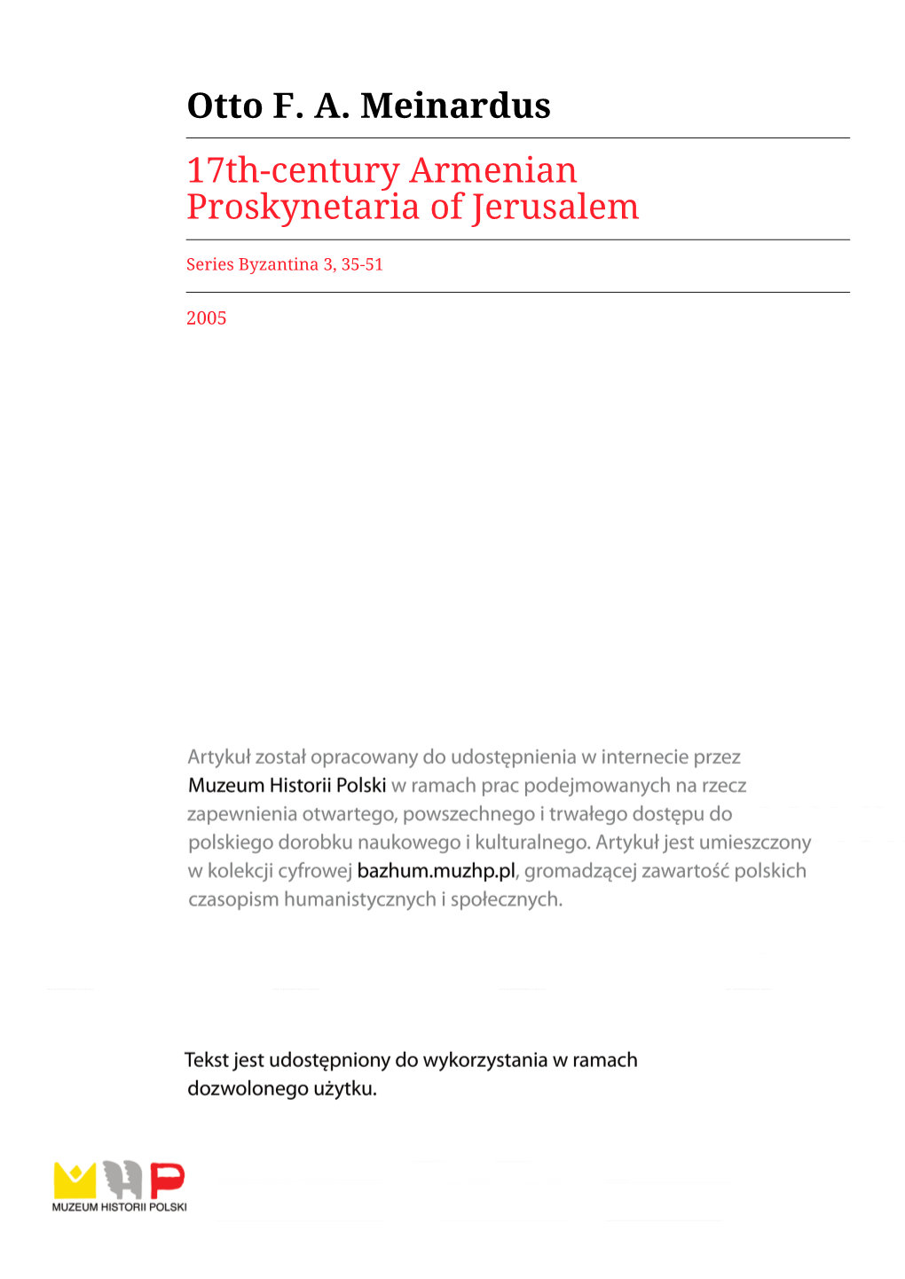 Otto F. A. Meinardus 17Th-Century Armenian Proskynetaria of Jerusalem
