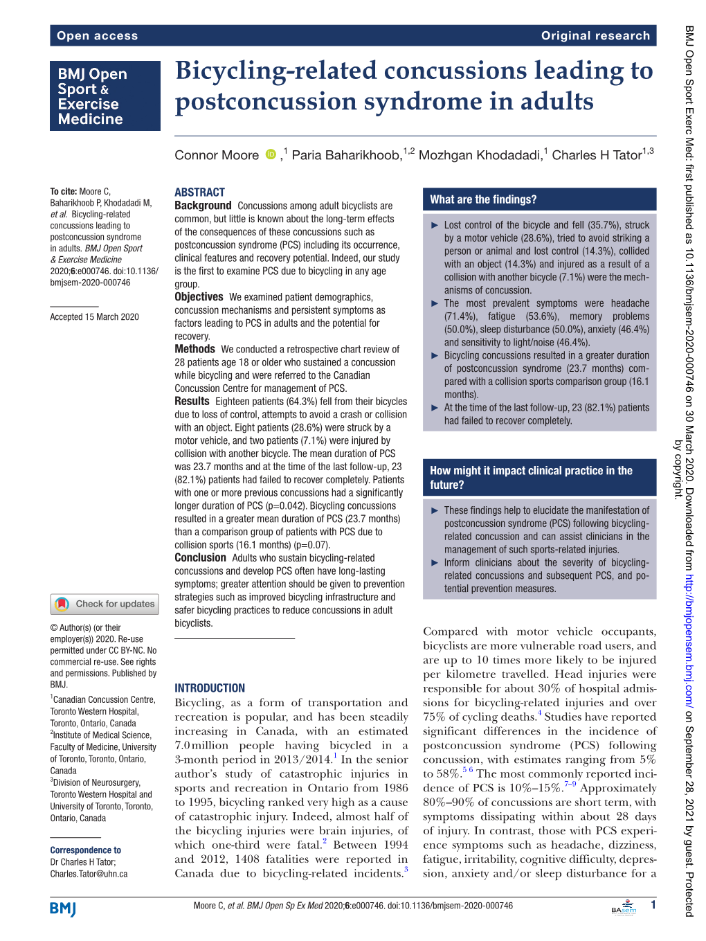 Bicycling-Related Concussions Leading to Postconcussion Syndrome in Adults