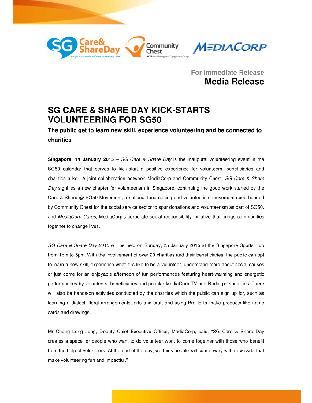Media Release SG CARE & SHARE DAY KICK-STARTS