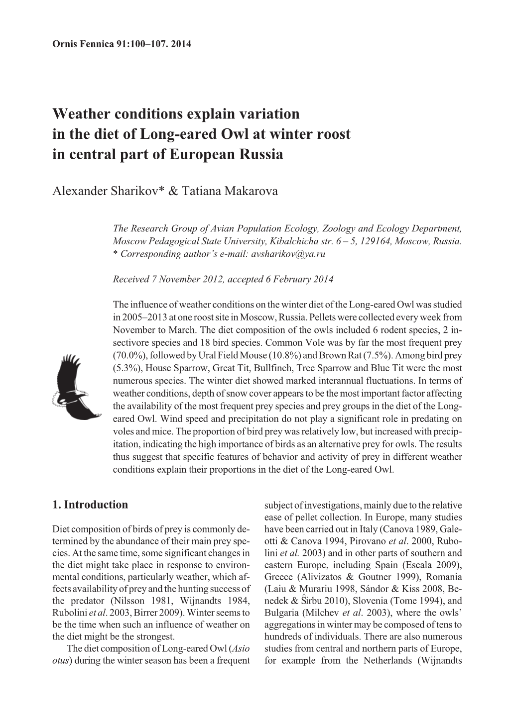 Weather Conditions Explain Variation in the Diet of Long-Eared Owl at Winter Roost in Central Part of European Russia