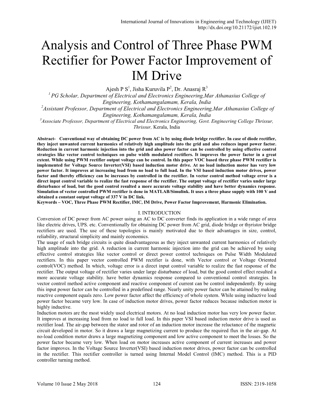 Analysis and Control of Three Phase PWM Rectifier for Power Factor Improvement of IM Drive