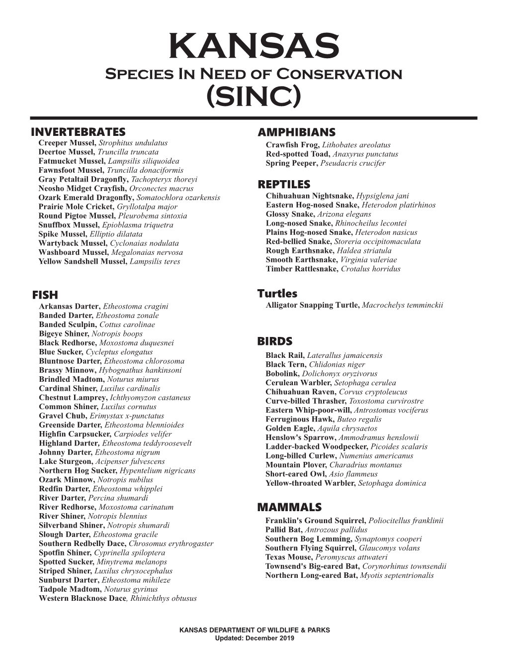 Statewide SINC Species Listing Updated Dec. 2019