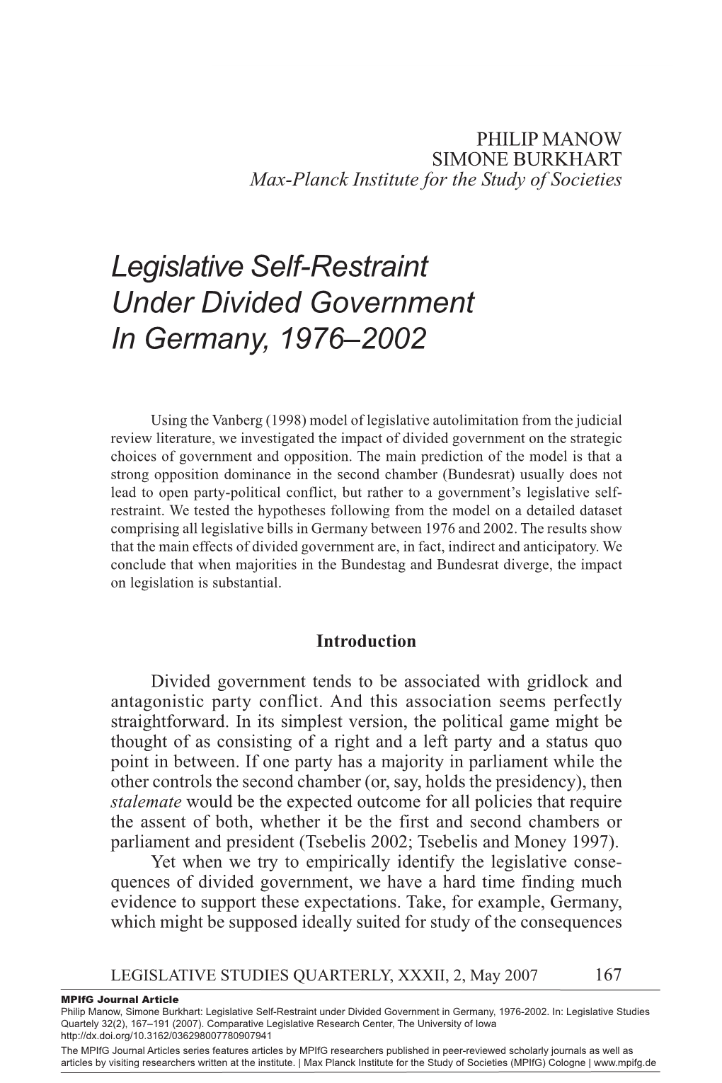 Legislative Self-Restraint Under Divided Government in Germany, 1976–2002