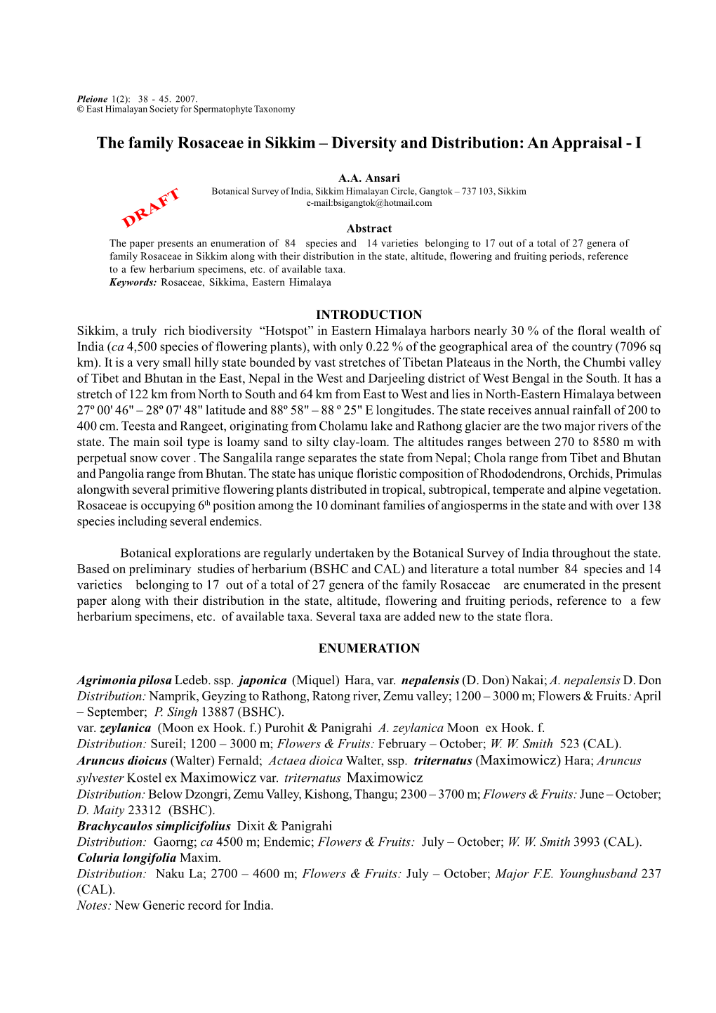 The Family Rosaceae in Sikkim – Diversity and Distribution: an Appraisal - I