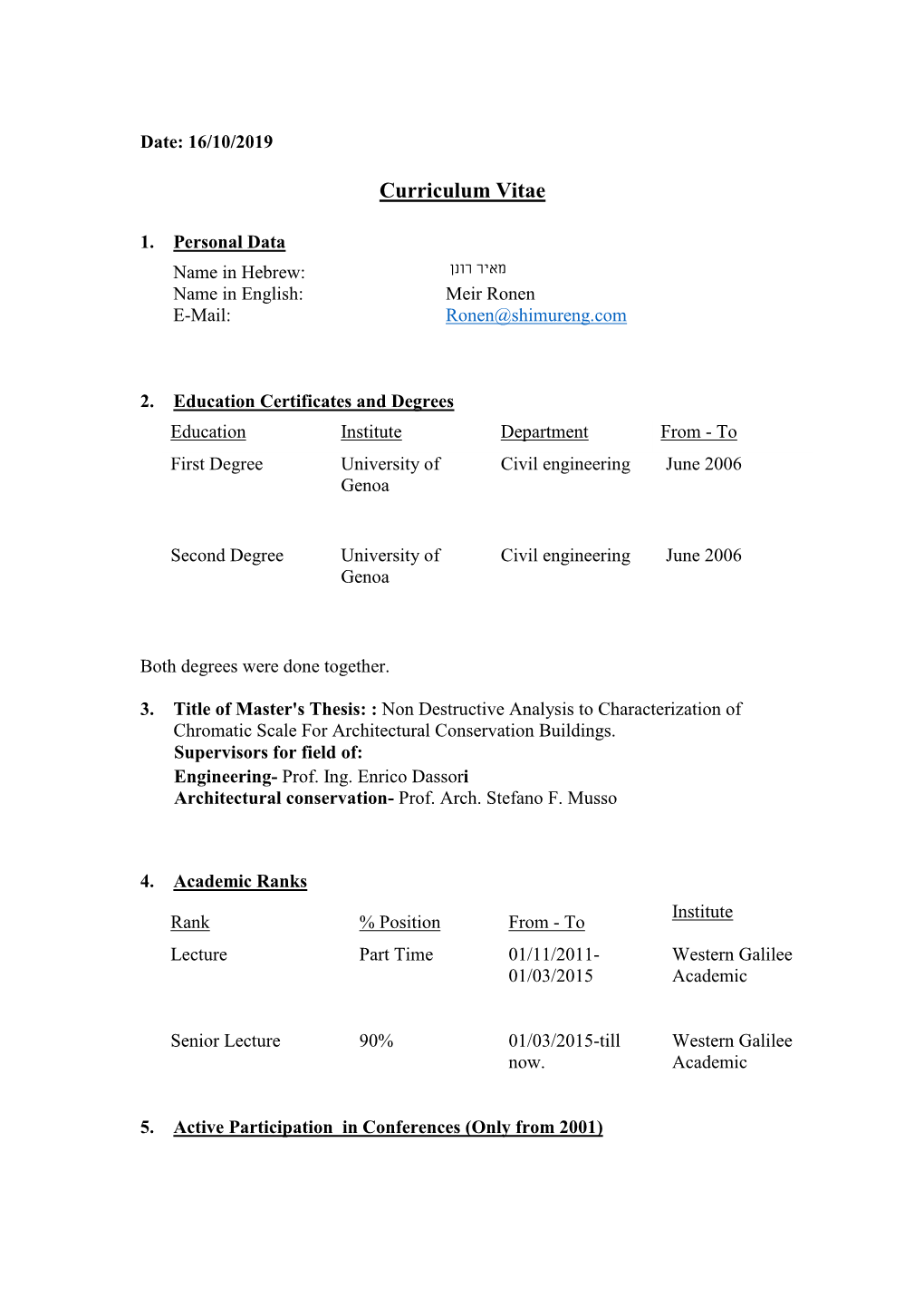 Curriculum Vitae and List of Publications