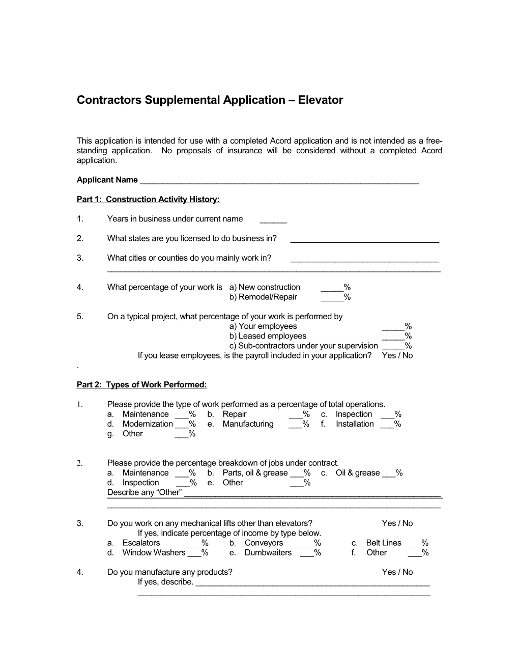 Contractors Supplemental Application Elevator