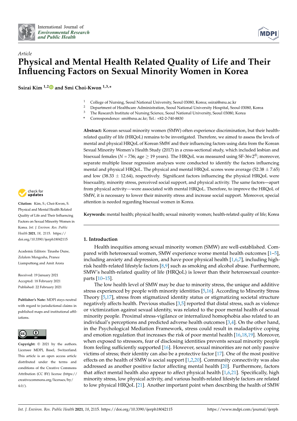 Physical and Mental Health Related Quality of Life and Their Influencing