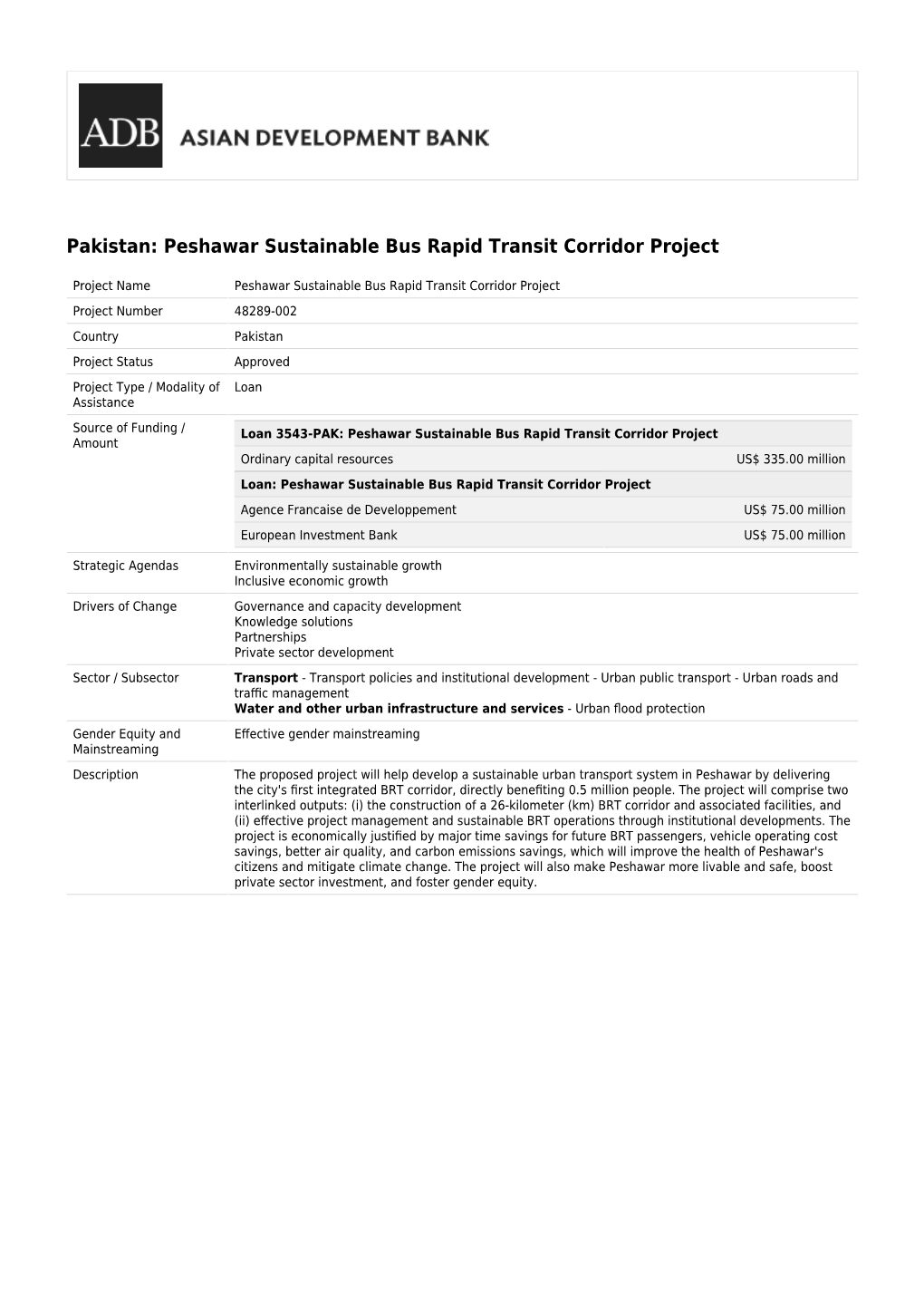 Peshawar Sustainable Bus Rapid Transit Corridor Project