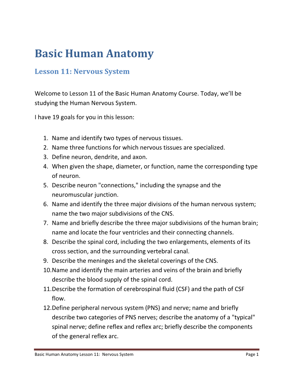 Basic Human Anatomy Lesson 11: Nervous System Page 1