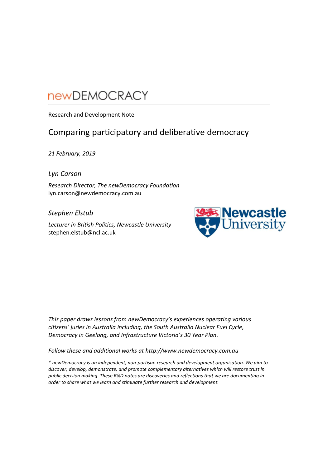 Comparing Participatory and Deliberative Democracy
