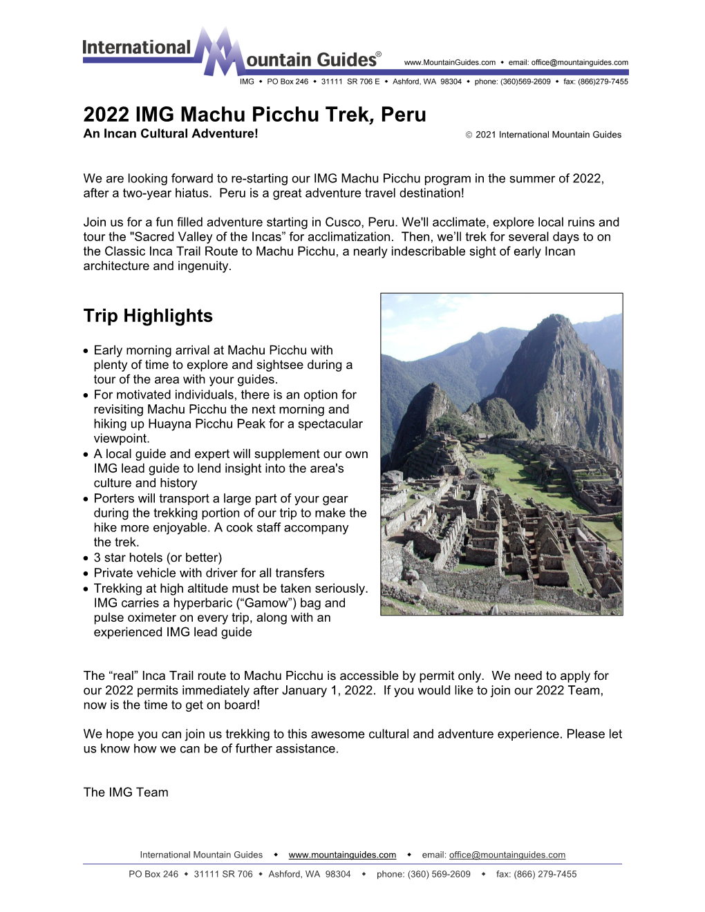 Machu Picchu Trek, Peru an Incan Cultural Adventure!  2021 International Mountain Guides