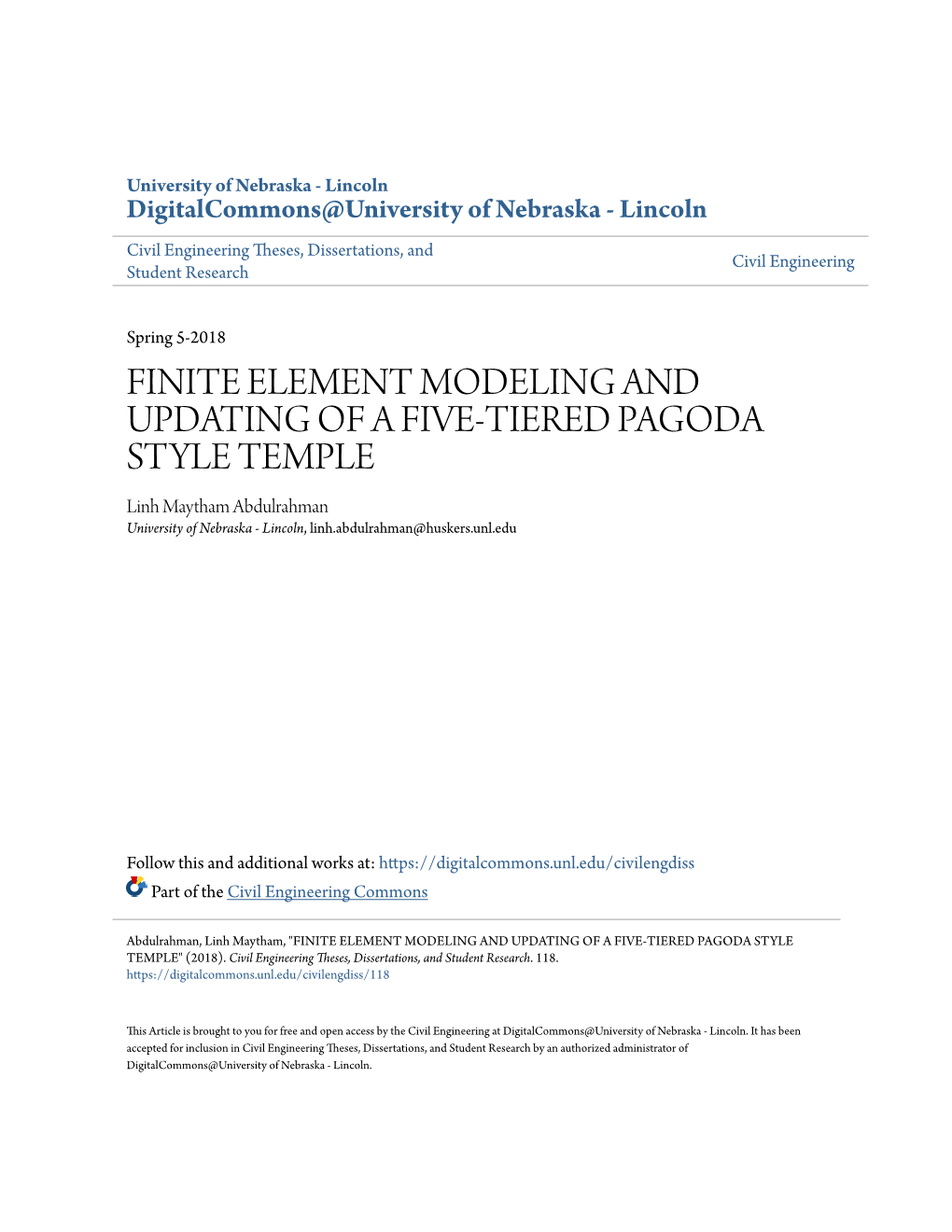 FINITE ELEMENT MODELING and UPDATING of a FIVE-TIERED PAGODA STYLE TEMPLE Linh Maytham Abdulrahman University of Nebraska - Lincoln, Linh.Abdulrahman@Huskers.Unl.Edu