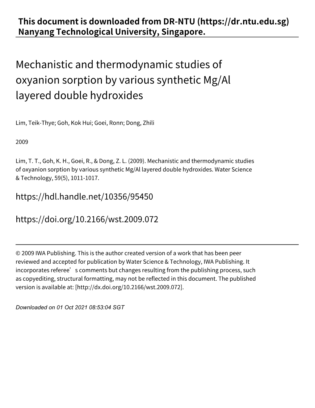 Mechanistic and Thermodynamic Studies of Oxyanion Sorption by Various Synthetic Mg/Al Layered Double Hydroxides