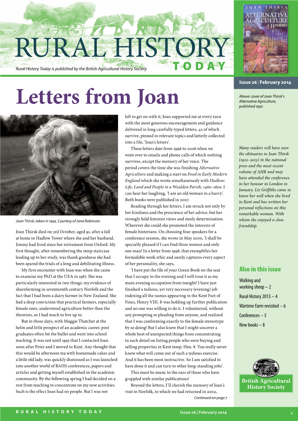 Rural History Today Is Published by the British Agricultural History Society TODAY