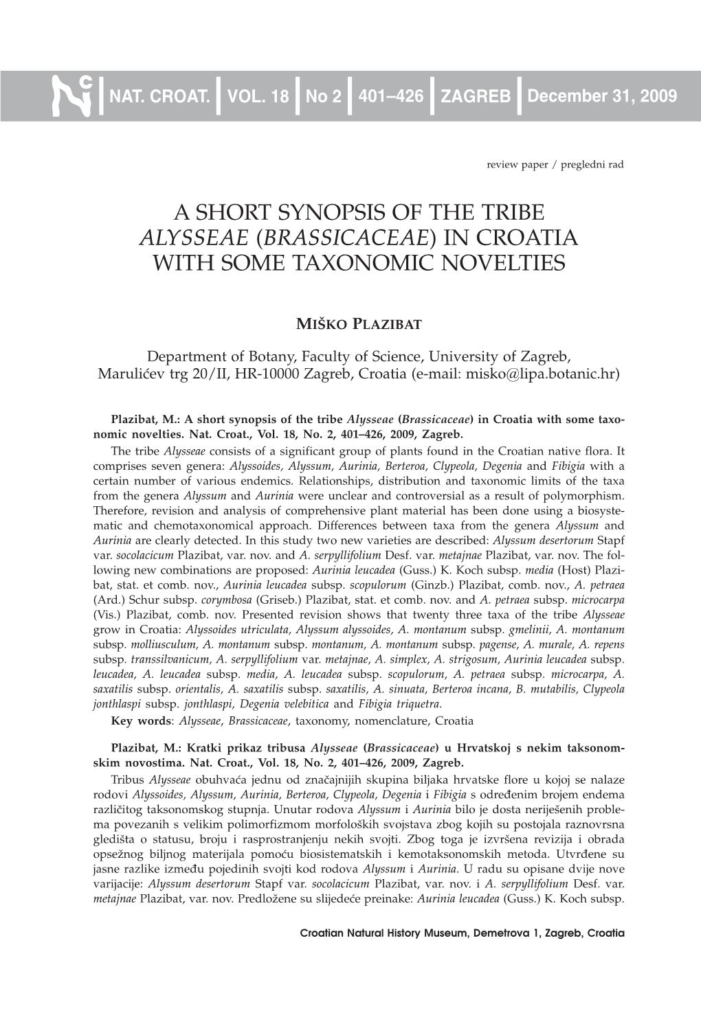 A Short Synopsis of the Tribe Alysseae (Brassicaceae) in Croatia with Some Taxonomic Novelties