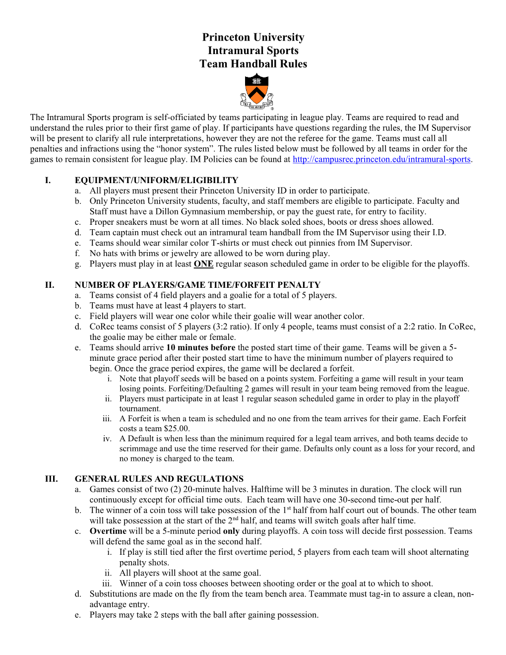 Princeton University Intramural Sports Team Handball Rules