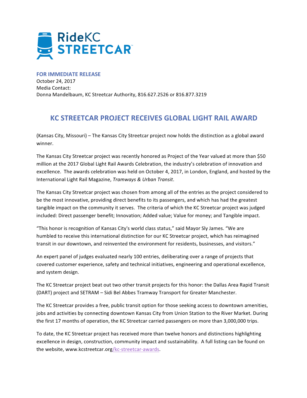 Kc Streetcar Project Receives Global Light Rail Award