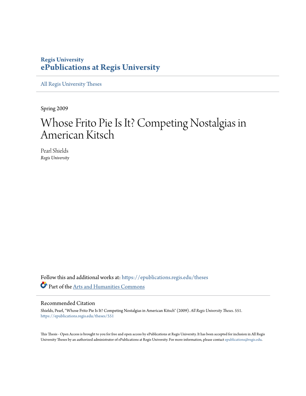 Whose Frito Pie Is It? Competing Nostalgias in American Kitsch Pearl Shields Regis University