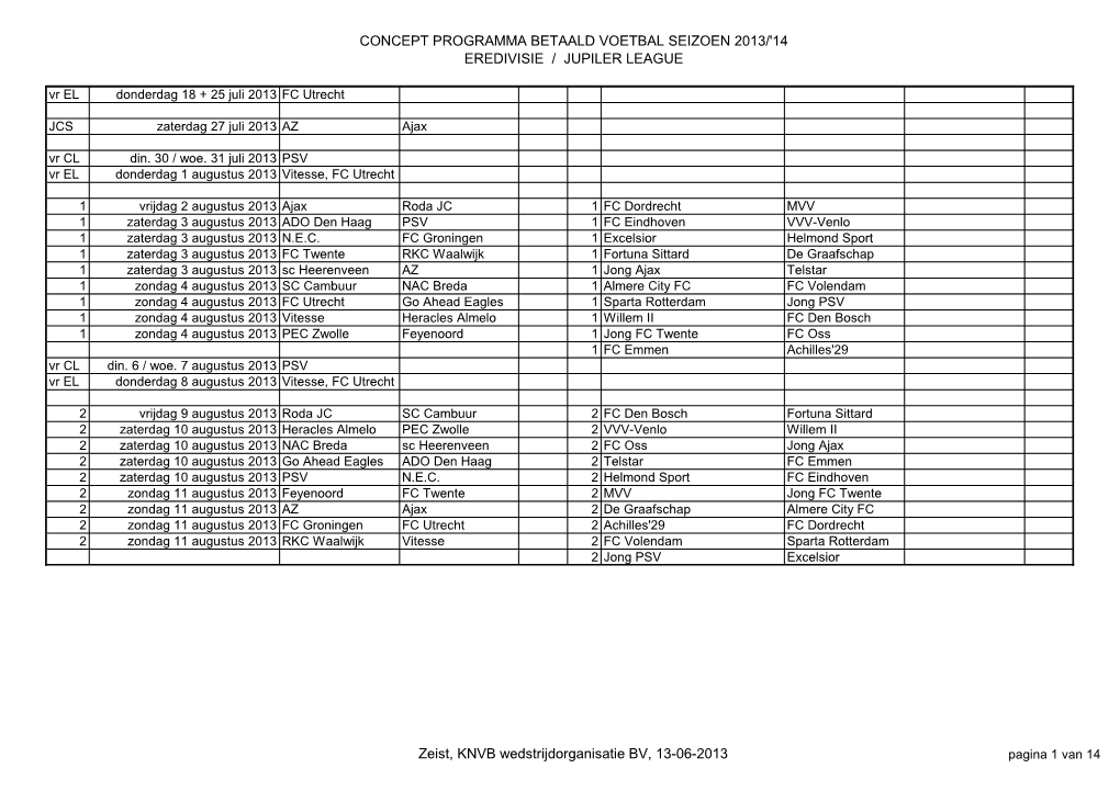 CONCEPT PROGRAMMA BETAALD VOETBAL SEIZOEN 2013/'14 EREDIVISIE / JUPILER LEAGUE Vr EL Donderdag 18 + 25 Juli 2013 FC Utrecht