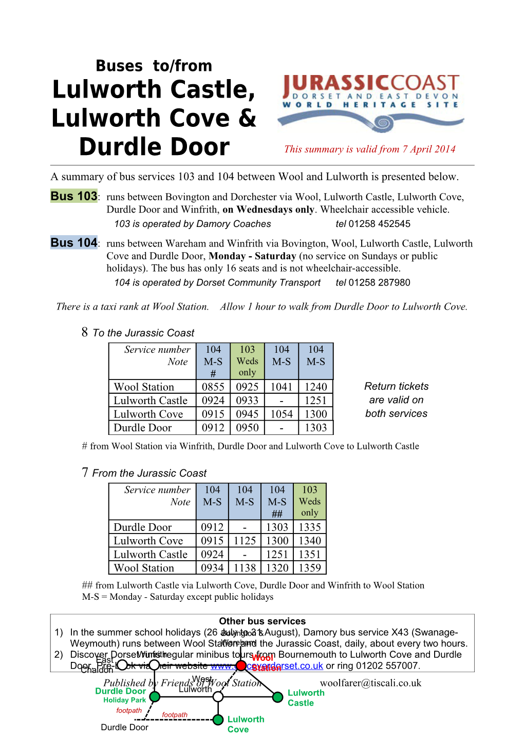 A Summary of Bus Services 103 and 104 Between Wool and Lulworth Is Presented Below