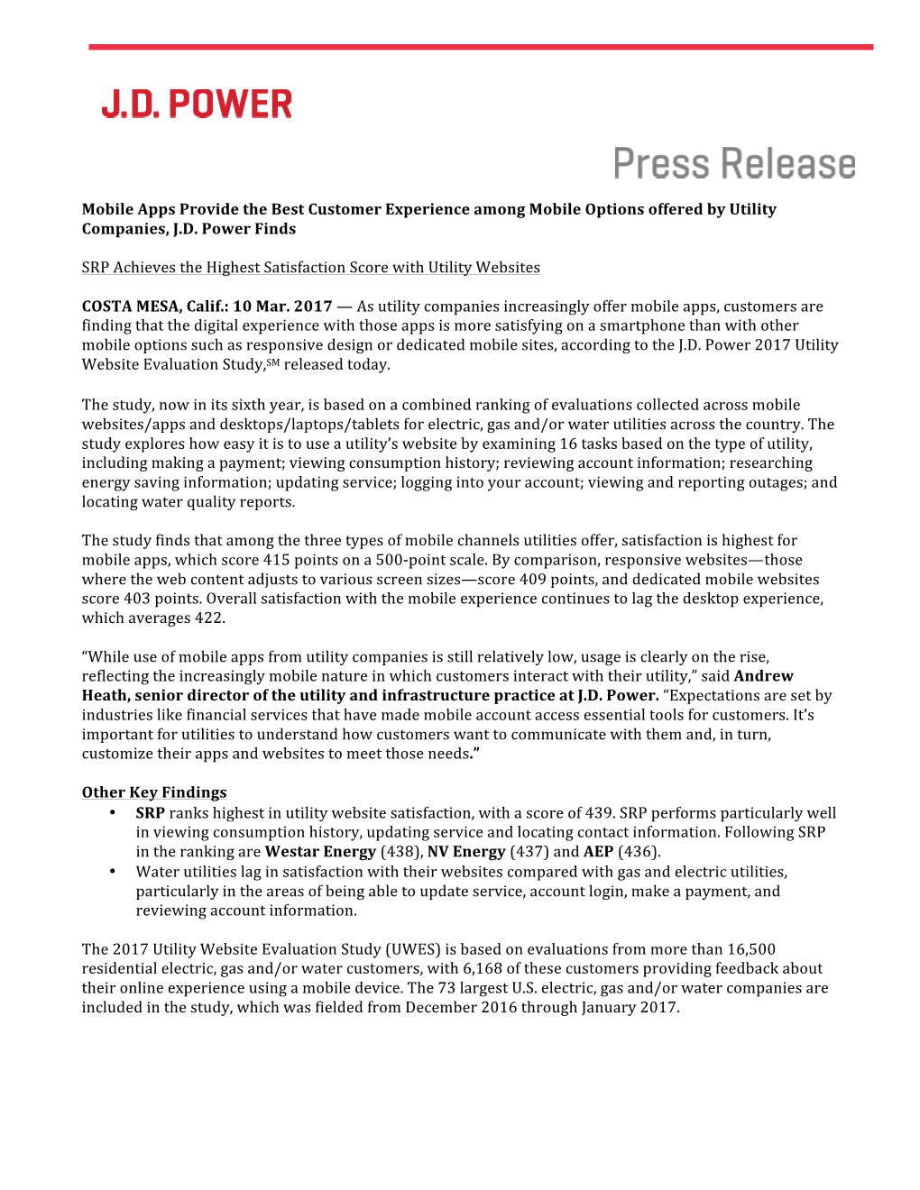 Mobile Apps Provide the Best Customer Experience Among Mobile Options Offered by Utility Companies, J.D. Power Finds SRP Achie