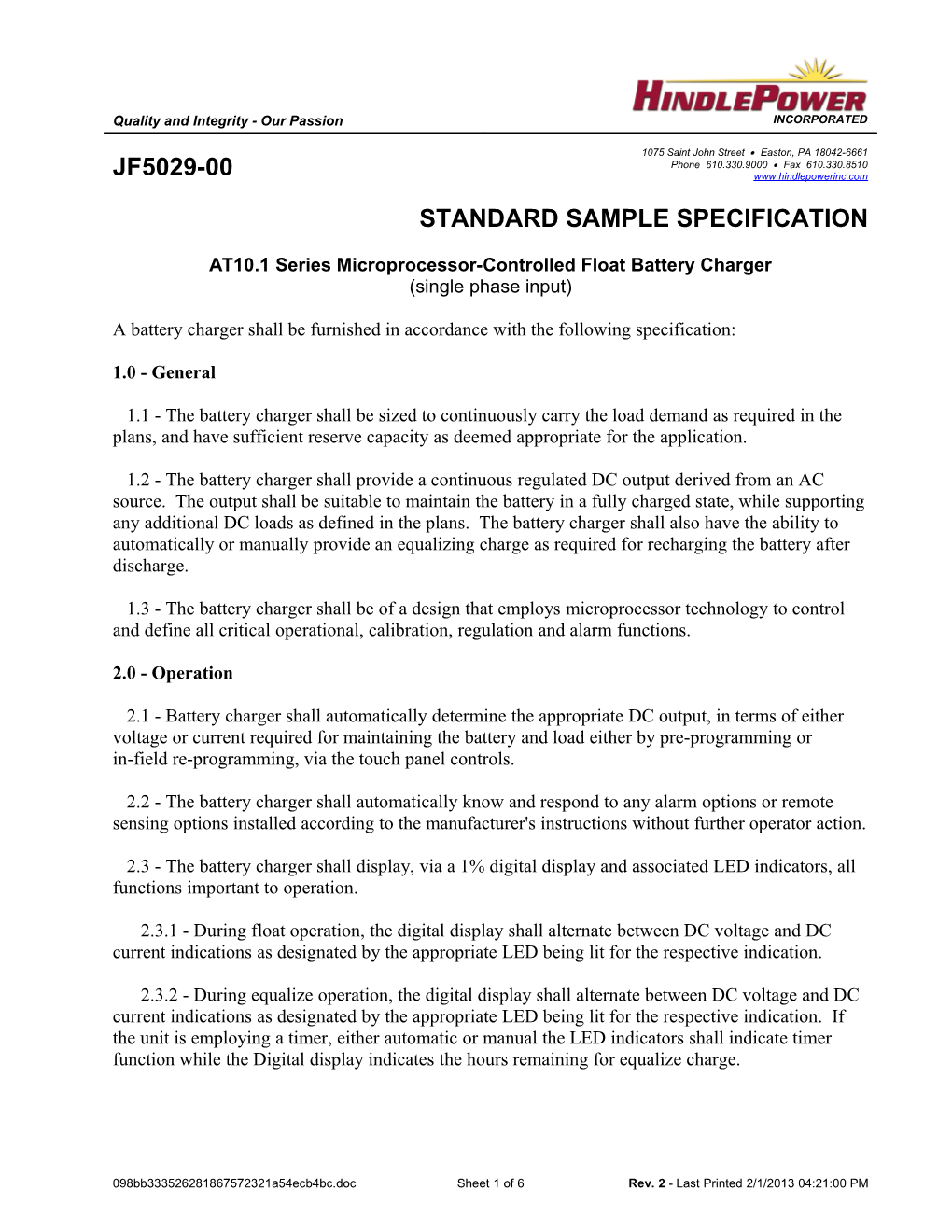 AT10.1 Standard Sample Spec