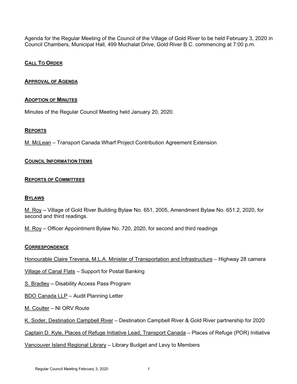 Agenda for the Regular Meeting of the Council of the Village of Gold River