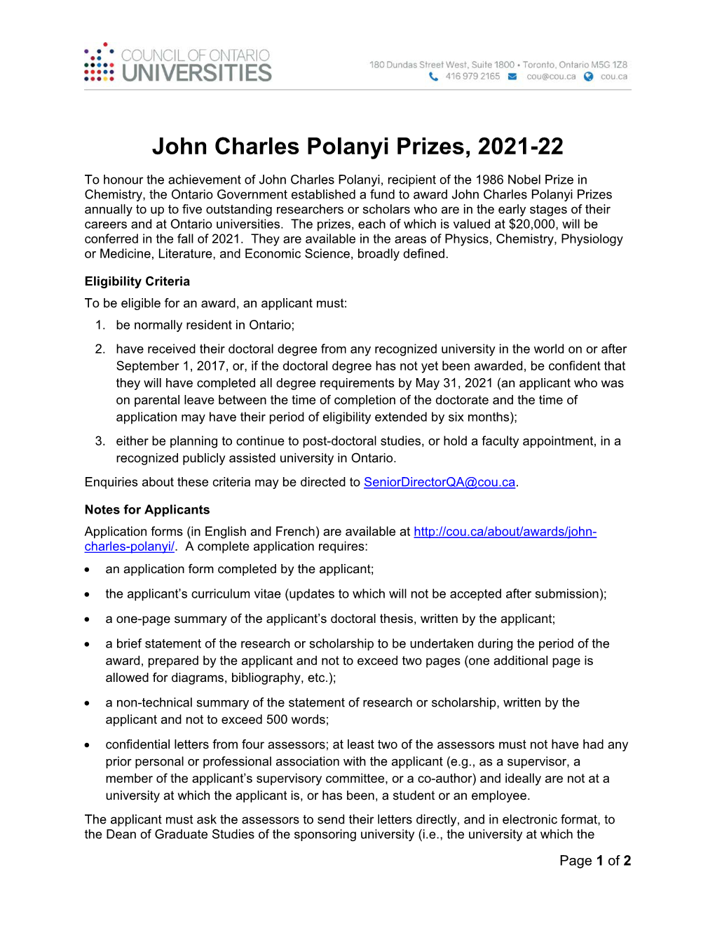 2021 John Charles Polanyi Prize Announcement