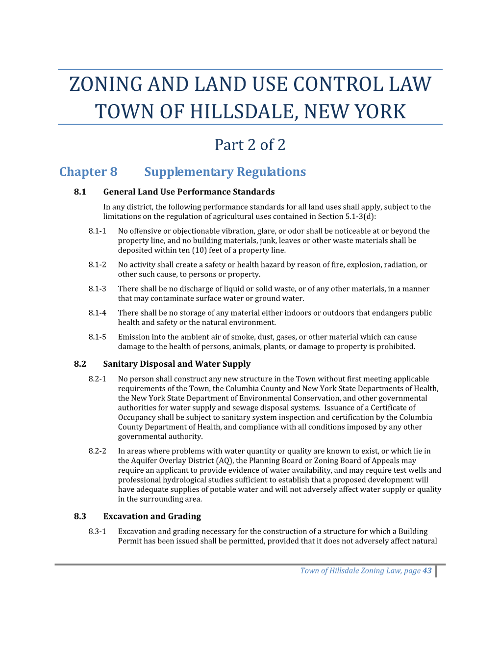 Zoning and Land Use Control Law Town of Hillsdale, New York