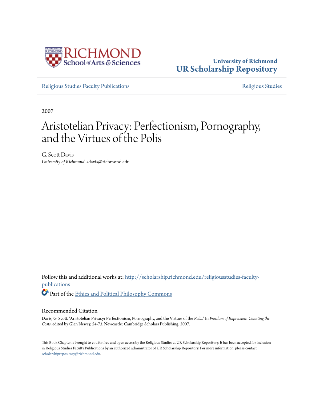 Aristotelian Privacy: Perfectionism, Pornography, and the Virtues of the Polis G