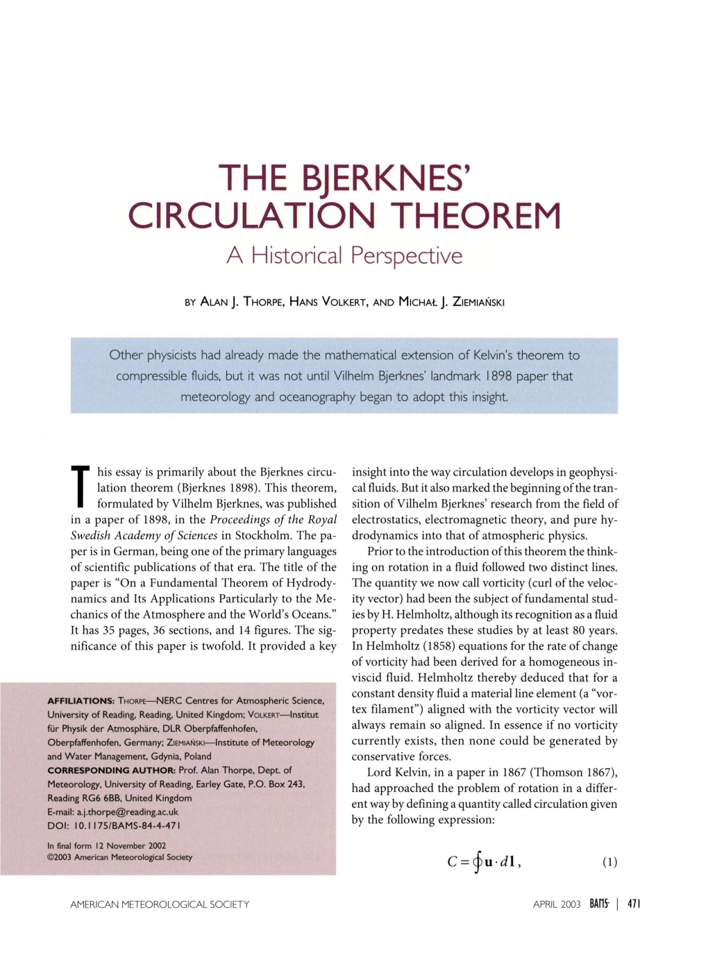THE BJERKNES' CIRCULATION THEOREM a Historical Perspective