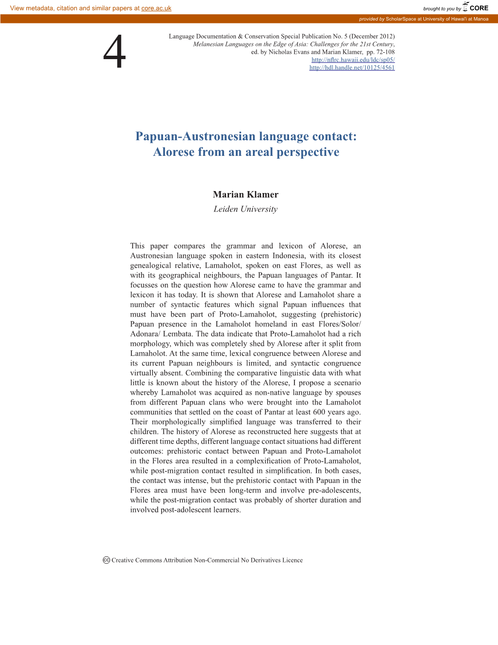 Papuan-Austronesian Language Contact: Alorese from an Areal Perspective