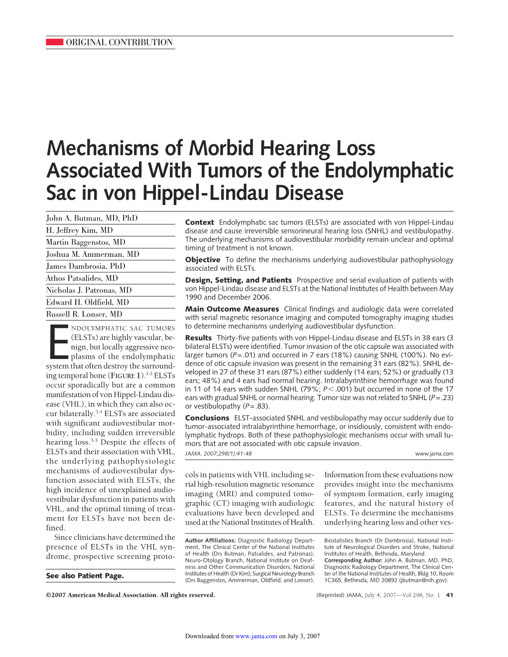 Mechanisms of Morbid Hearing Loss Associated with Tumors of the Endolymphatic Sac in Von Hippel-Lindau Disease