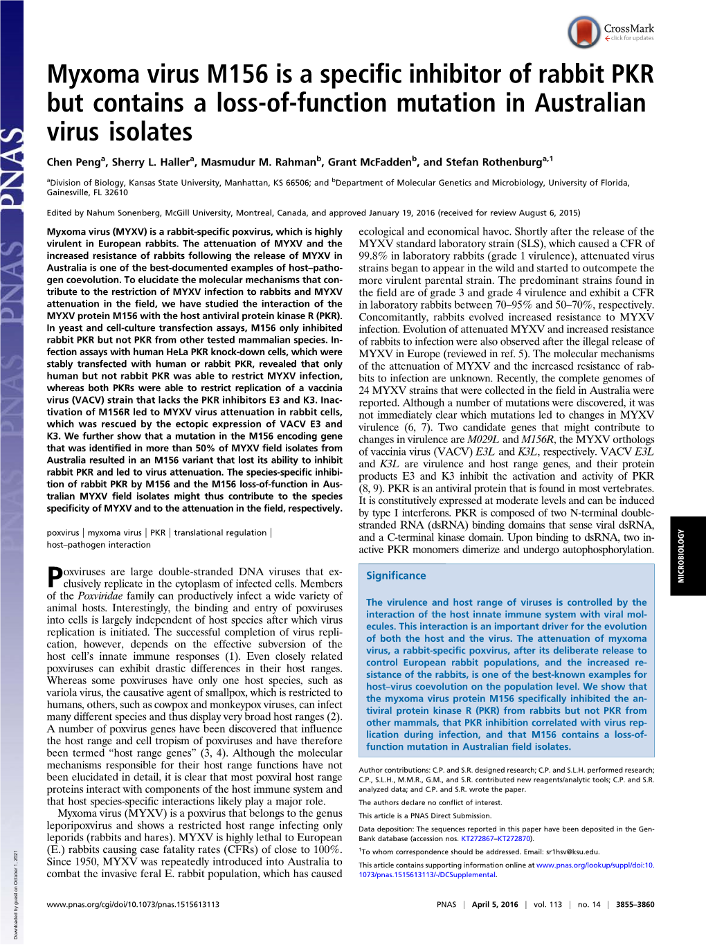 Myxoma Virus M156 Is a Specific Inhibitor of Rabbit PKR but Contains a Loss-Of-Function Mutation in Australian Virus Isolates