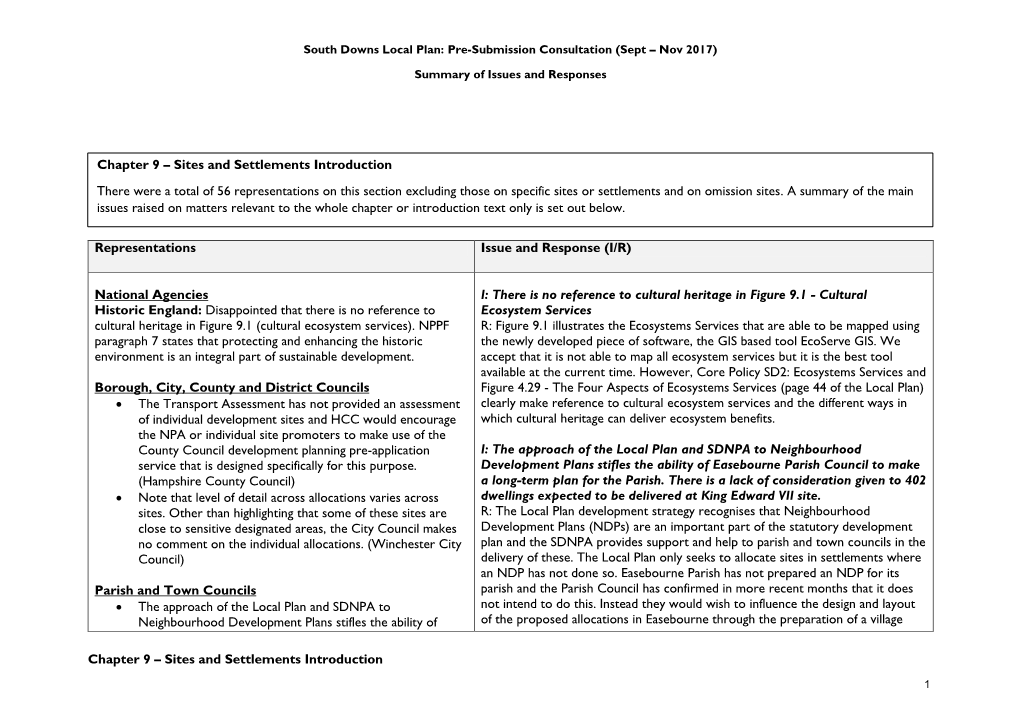 Chapter 9 – Sites and Settlements Introduction Representations Issue and Response (I/R) National Agencies Historic England: D