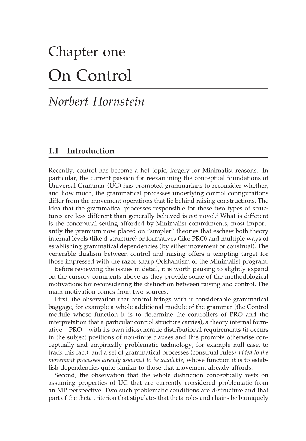 Chapter One on Control Norbert Hornstein