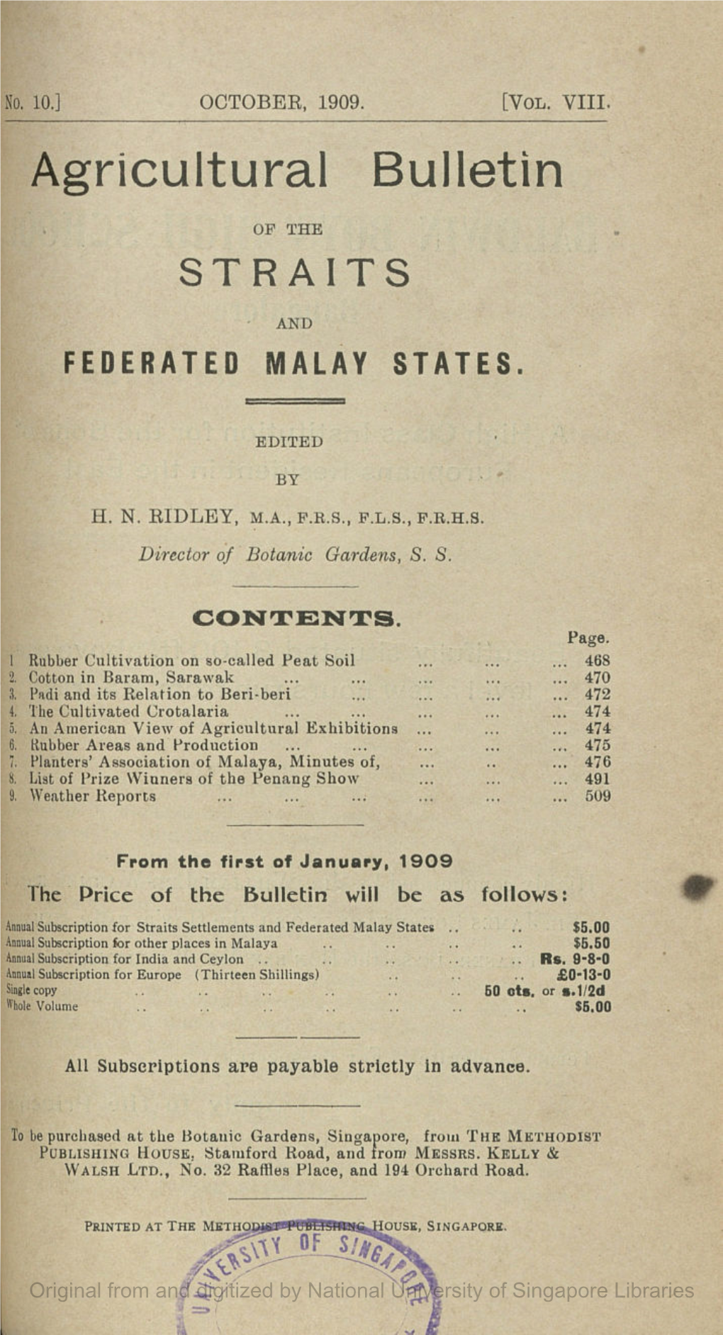 Agricultural Bulletin of the Straits and Federated Malay States, Vol.8, No.10